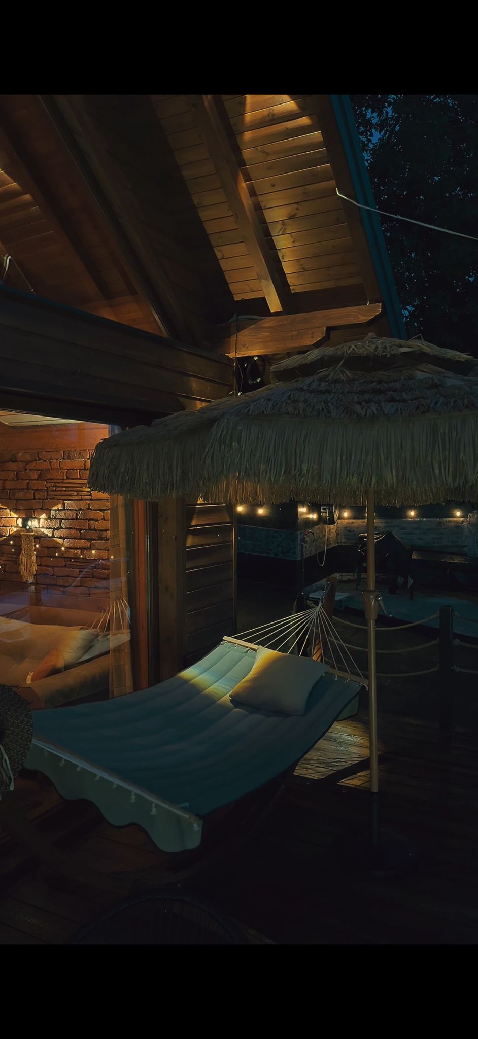 Terrace hammock at night at Villa Lavanda